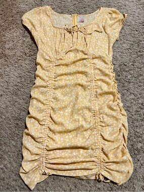 No Boundaries Yellow Floral Ruched Tie-Front Girls Dress